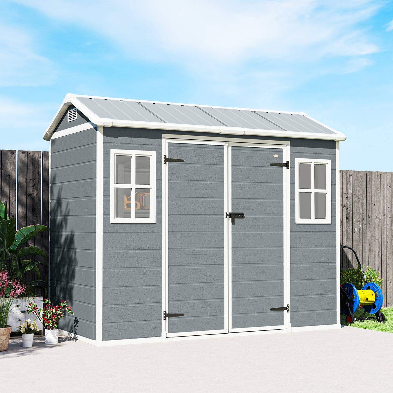 Grey Plastic Garden Storage Shed with Double Doors Windows, and Secure Lock for Organising Tools, 244 x 131 x 201cm Outsunny