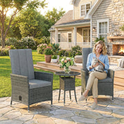 Grey Rattan Bistro Set With Reclining Chairs Table and Cushions for Small Gardens or Balconies