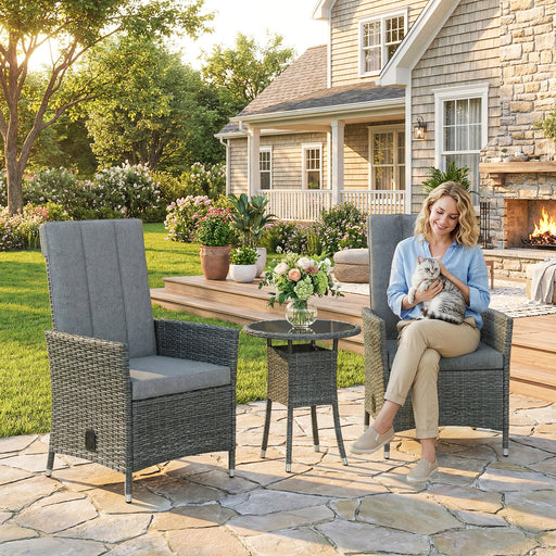 Grey Rattan Bistro Set With Reclining Chairs Table and Cushions for Small Gardens or Balconies