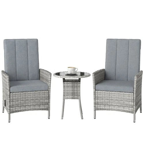 Grey Rattan Bistro Set With Reclining Chairs Table and Cushions for Small Gardens or Balconies