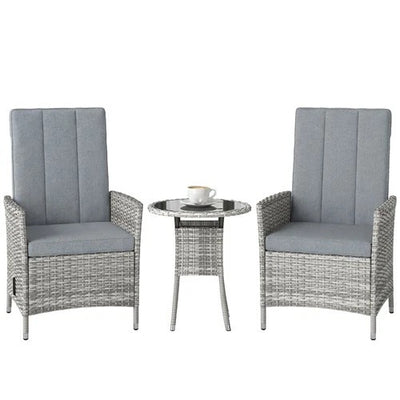 Grey Rattan Bistro Set With Reclining Chairs Table and Cushions for Small Gardens or Balconies Outsunny