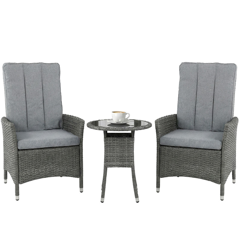 Grey Rattan Bistro Set With Reclining Chairs Table and Cushions for Small Gardens or Balconies