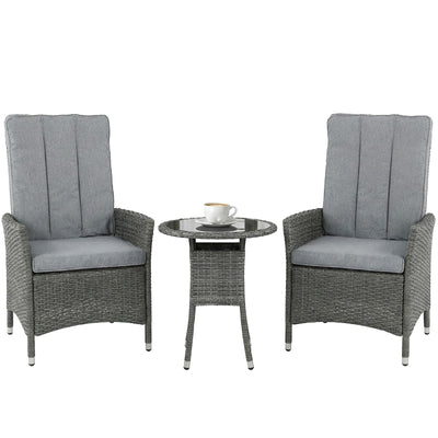 Grey Rattan Bistro Set With Reclining Chairs Table and Cushions for Small Gardens or Balconies Outsunny