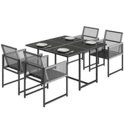 5 Piece Garden Dining Set for 4 with Foldable Chairs and Tempered Glass Table, Grey Outsunny