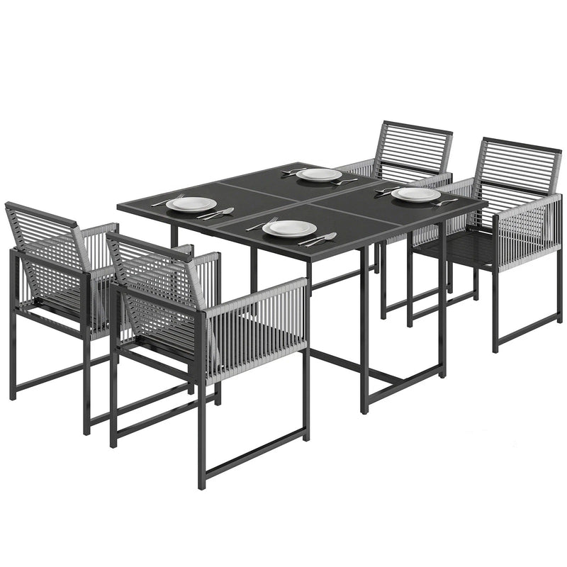 5 Piece Garden Dining Set for 4 with Foldable Chairs and Tempered Glass Table, Grey Outsunny