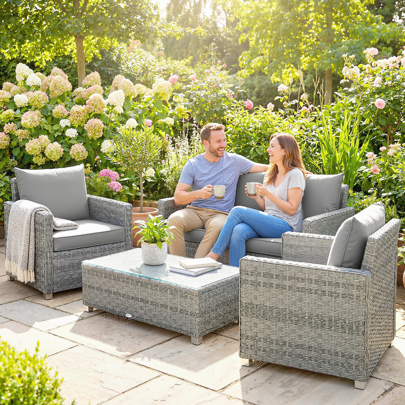 Grey Rattan Garden Furniture Set for Relaxing and Entertaining Outdoors 4 Piece Set With Table and Cushions