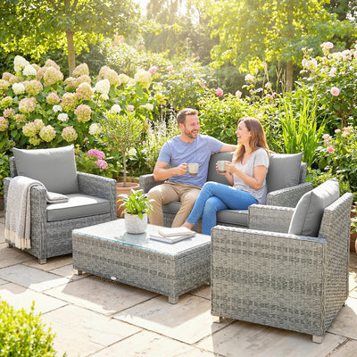 Grey Rattan Garden Furniture Set for Relaxing and Entertaining Outdoors 4 Piece Set With Table and Cushions