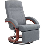 Image of a grey fabric recliner chair with leg rest on a wooden swivel base
