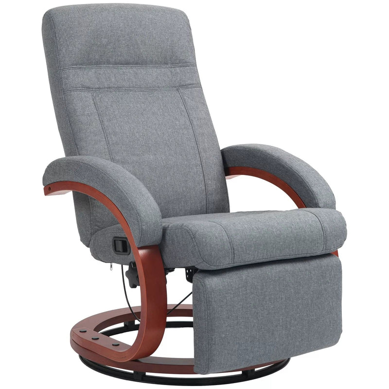 Image of a grey fabric recliner chair with leg rest on a wooden swivel base