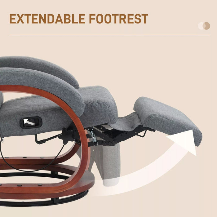 Image of a grey fabric recliner chair with leg rest on a wooden swivel base
