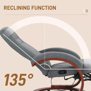 Image of a grey fabric recliner chair with leg rest on a wooden swivel base