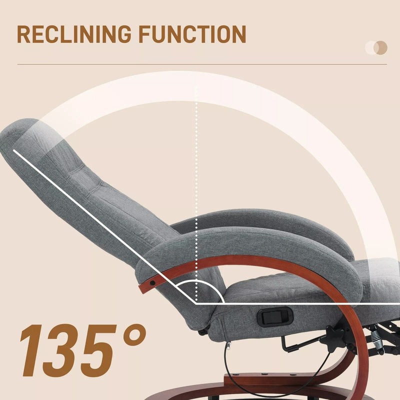 Image of a grey fabric recliner chair with leg rest on a wooden swivel base