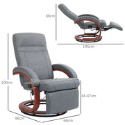 Image of a grey fabric recliner chair with leg rest on a wooden swivel base