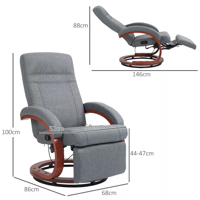 Image of a grey fabric recliner chair with leg rest on a wooden swivel base