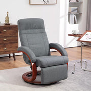 Image of a grey fabric recliner chair with leg rest on a wooden swivel base