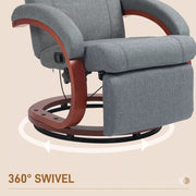 Image of a grey fabric recliner chair with leg rest on a wooden swivel base