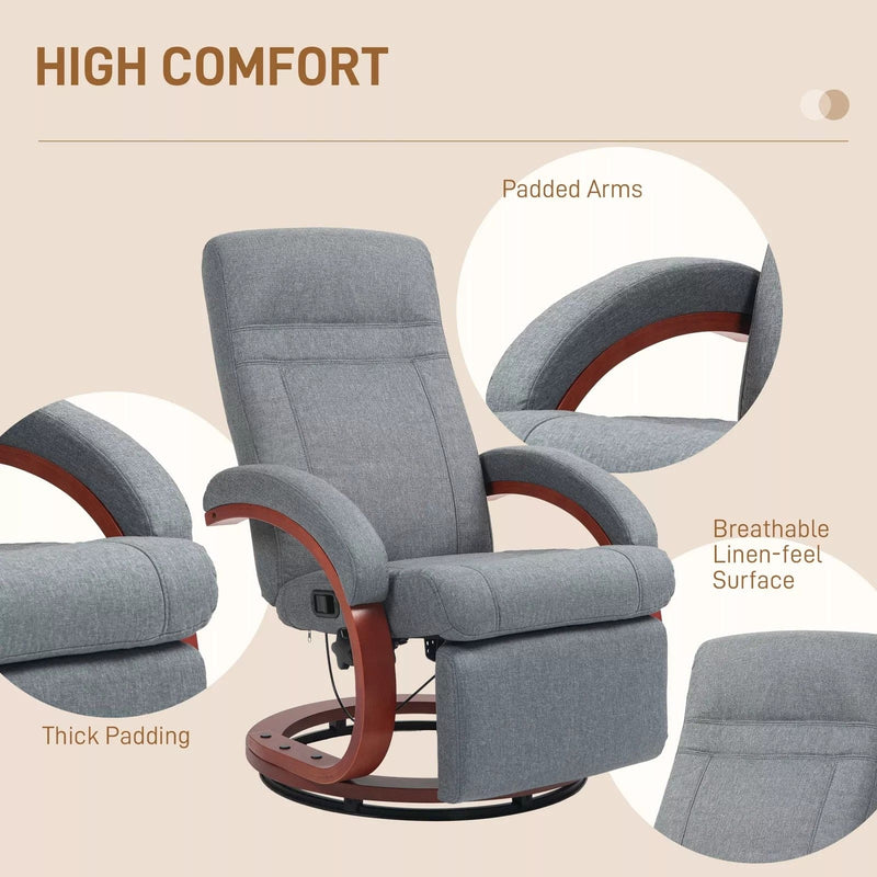 Image of a grey fabric recliner chair with leg rest on a wooden swivel base