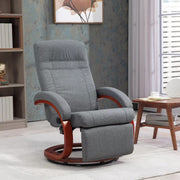 Image of a grey fabric recliner chair with leg rest on a wooden swivel base