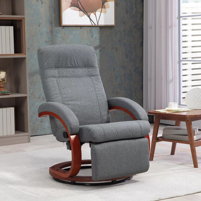 Image of a grey fabric recliner chair with leg rest on a wooden swivel base