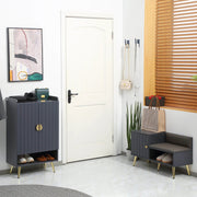 Image of an Entryway Shoe Bench with Storage & Cushioned Seat. Grey wood with gold legs.