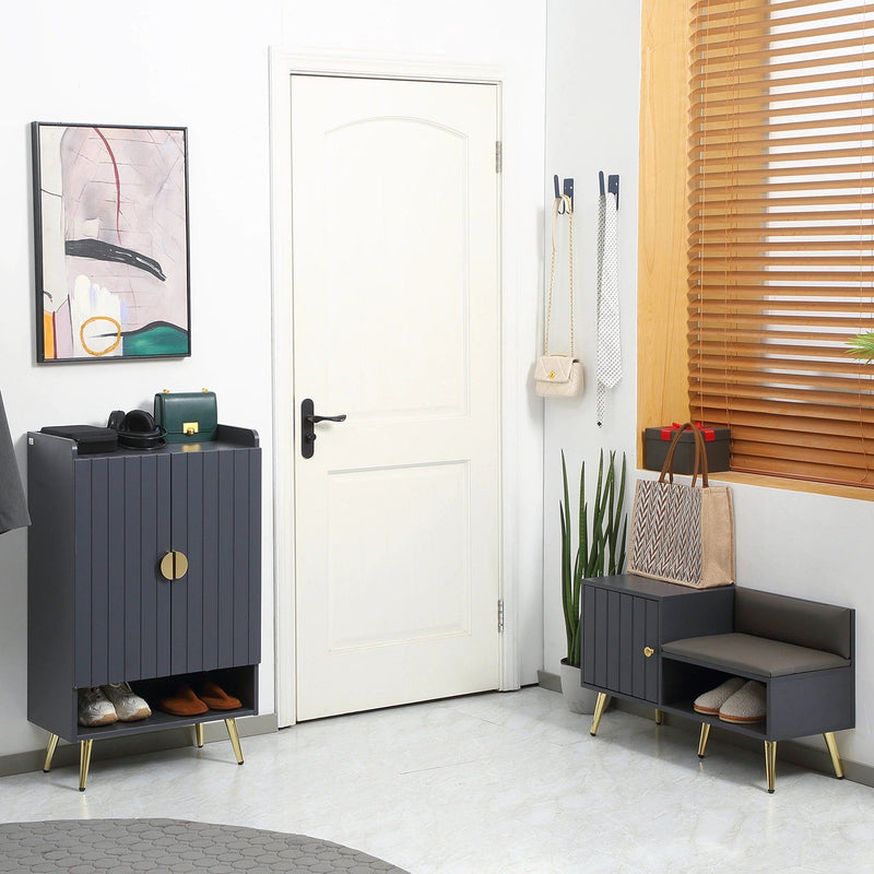 Image of an Entryway Shoe Bench with Storage & Cushioned Seat. Grey wood with gold legs.