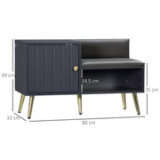 Image of an Entryway Shoe Bench with Storage & Cushioned Seat. Grey wood with gold legs.