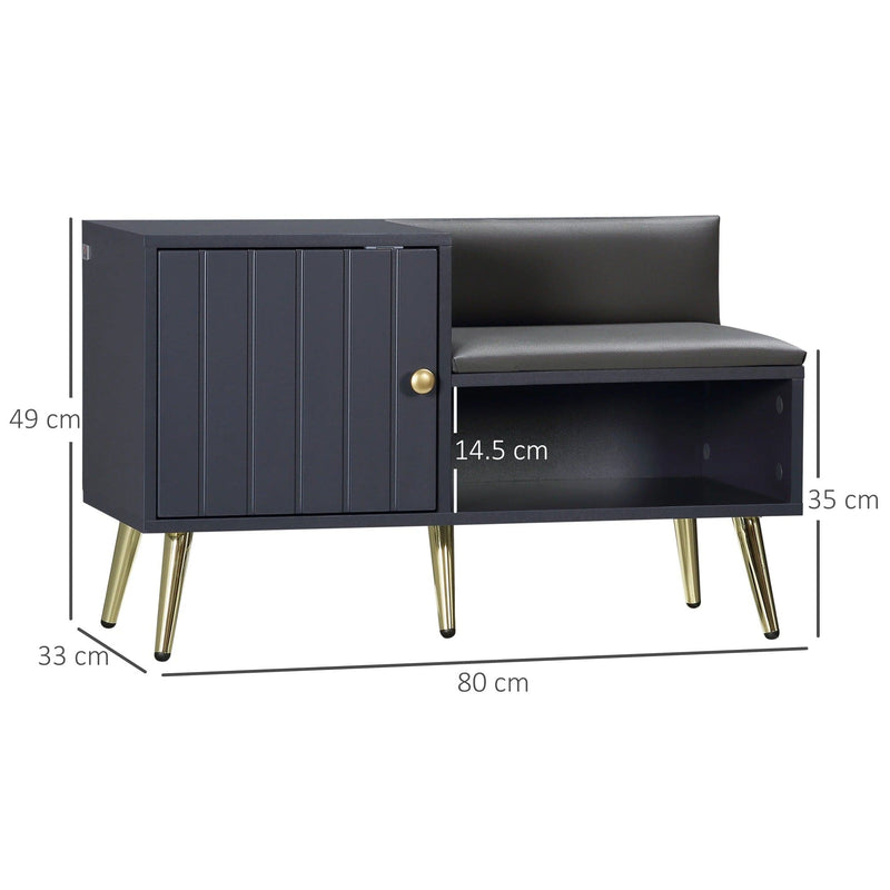 Image of an Entryway Shoe Bench with Storage & Cushioned Seat. Grey wood with gold legs.