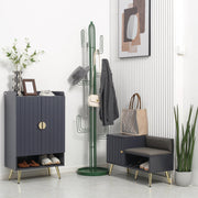 Image of an Entryway Shoe Bench with Storage & Cushioned Seat. Grey wood with gold legs.