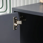 Image of an Entryway Shoe Bench with Storage & Cushioned Seat. Grey wood with gold legs.