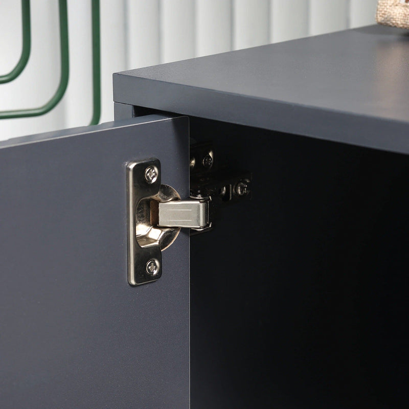 Image of an Entryway Shoe Bench with Storage & Cushioned Seat. Grey wood with gold legs.