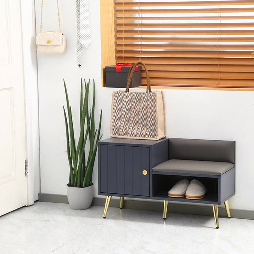 Image of an Entryway Shoe Bench with Storage & Cushioned Seat. Grey wood with gold legs.