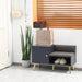 Image of an Entryway Shoe Bench with Storage & Cushioned Seat. Grey wood with gold legs.