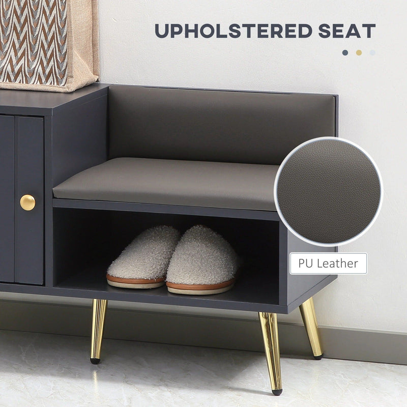 Image of an Entryway Shoe Bench with Storage & Cushioned Seat. Grey wood with gold legs.