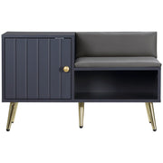 Image of an Entryway Shoe Bench with Storage & Cushioned Seat. Grey wood with gold legs.