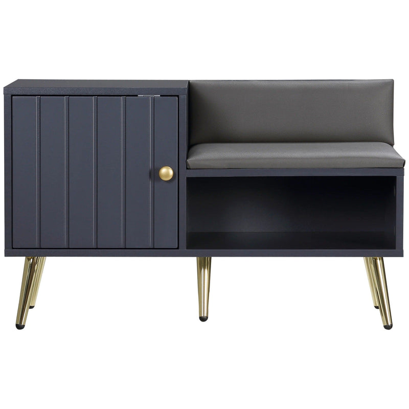 Image of an Entryway Shoe Bench with Storage & Cushioned Seat. Grey wood with gold legs.