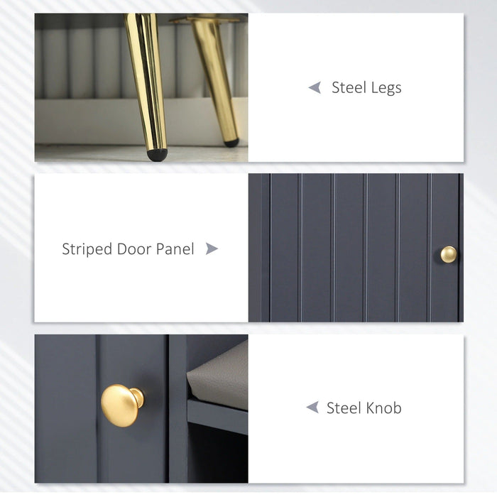 Image of an Entryway Shoe Bench with Storage & Cushioned Seat. Grey wood with gold legs.