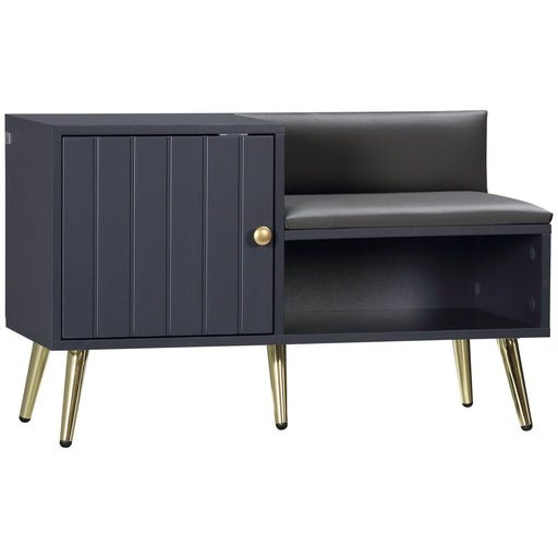 Image of an Entryway Shoe Bench with Storage & Cushioned Seat. Grey wood with gold legs.