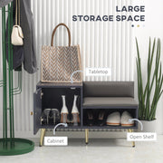 Image of an Entryway Shoe Bench with Storage & Cushioned Seat. Grey wood with gold legs.