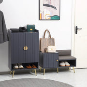 Image of an Entryway Shoe Bench with Storage & Cushioned Seat. Grey wood with gold legs.