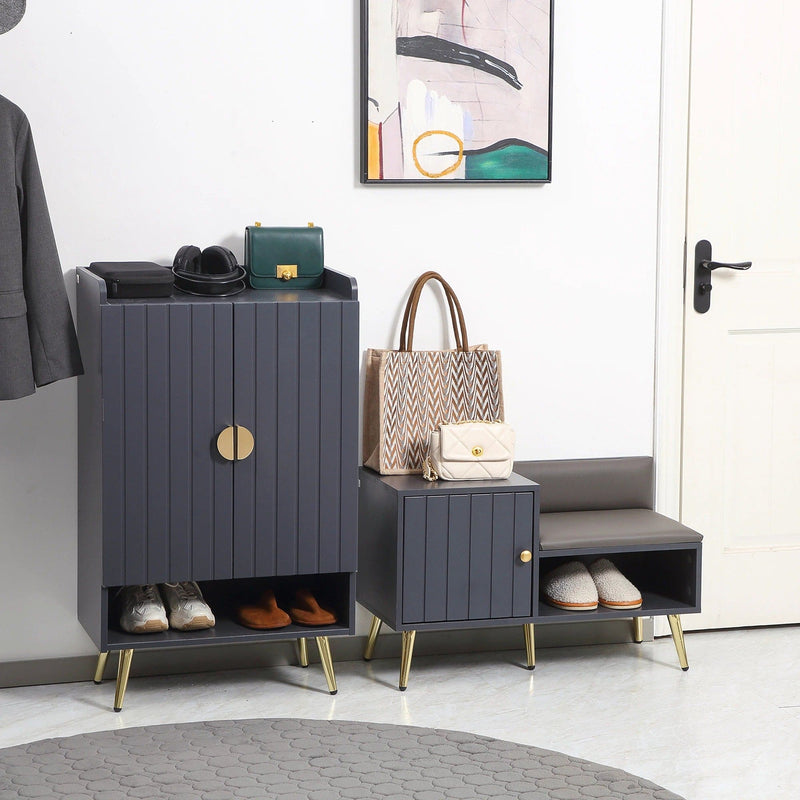 Image of an Entryway Shoe Bench with Storage & Cushioned Seat. Grey wood with gold legs.