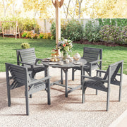 Grey wooden outdoor patio set with table and chairs on a patio area.