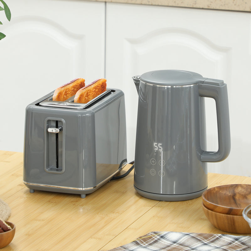 Grey Digital Kettle and 2 Slice Toaster Set with Fast Boil and LED Touch Controls
