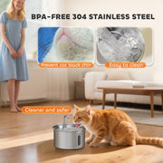 2.5L Stainless Steel Cat Water Fountain with Silent Pump and Water Level Window