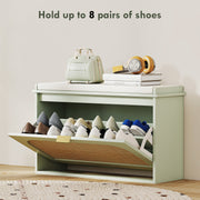 Boho Shoe Storage Bench With Cushion Seat And Flip Drawer For Hallway Light Green