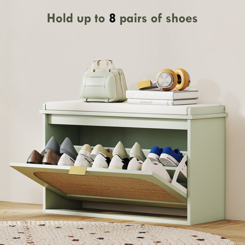 Boho Shoe Storage Bench With Cushion Seat And Flip Drawer For Hallway Light Green
