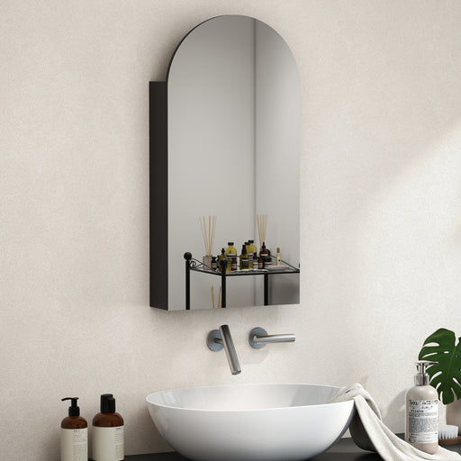 Arched Bathroom Mirror Cabinet With Adjustable Glass Shelves For Storage, Black