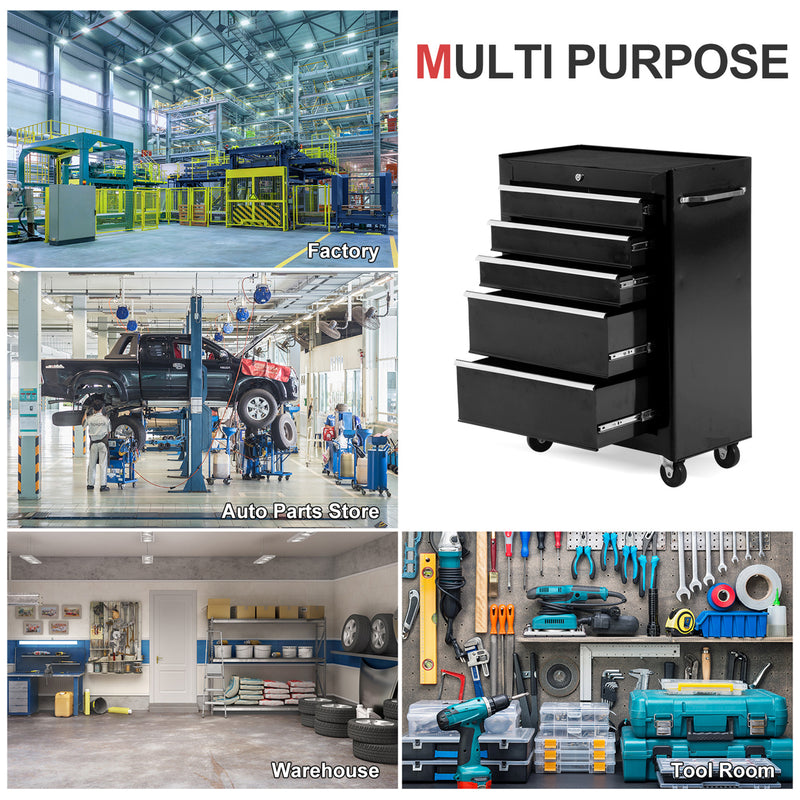 Lockable Black 5 Drawer Steel Tool Chest With Wheels For Garage Or Workshop Storage