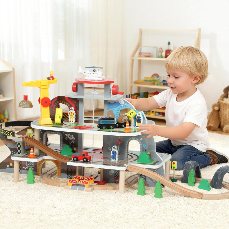 79 Piece Wooden Train Set with Crane and Helicopter Fun Mine Themed Track for Kids, Natural AOSOM