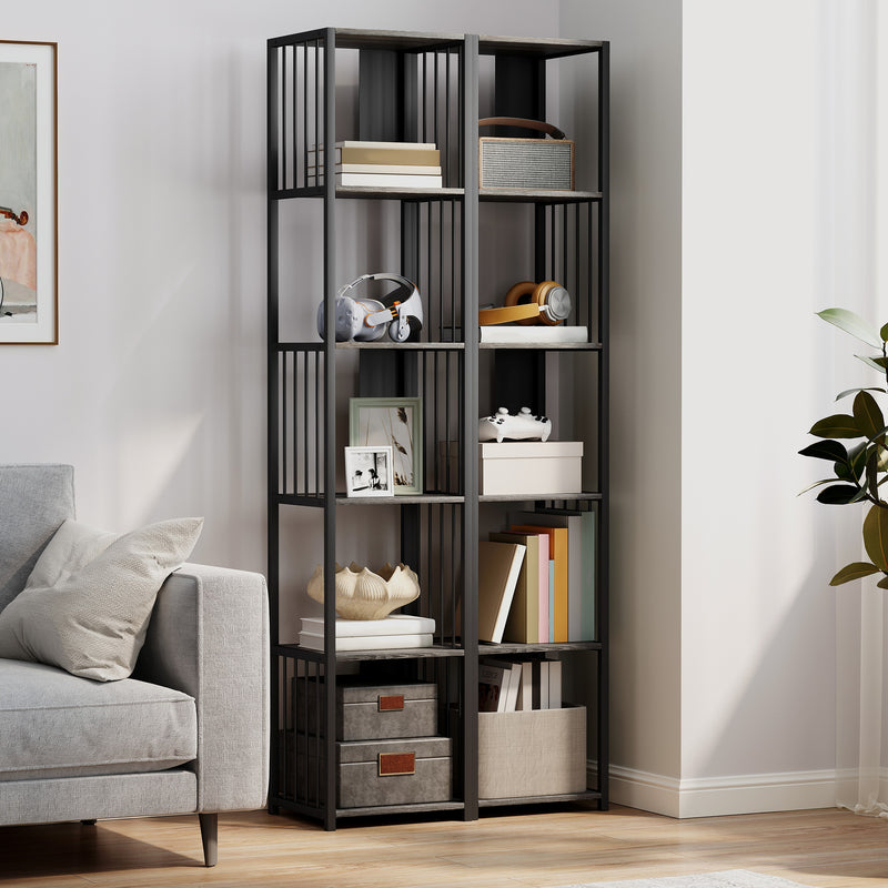 5 Tier Industrial Style Bookshelf with Sturdy Steel Frame for Home or Office, Grey