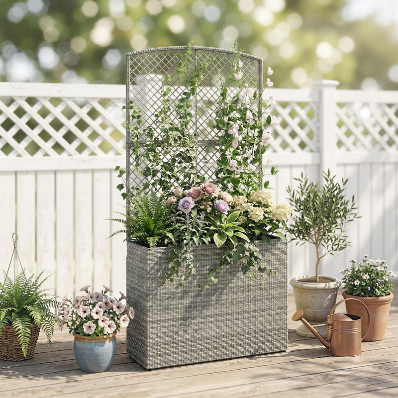 Raised Rattan Planter with Trellis for Easy Gardening Without Bending Dark Grey Outsunny